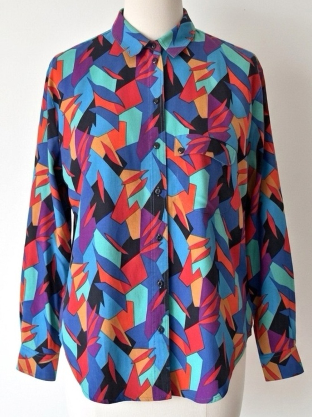 Vintage 90s Memphis Design Geometric Prism Blouse Colorful Small Petite